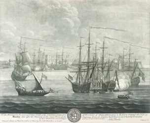 Vista de Bombaim (Índia), dedicada ao diretor da Companhia Britânica das Índias Orientais. Gravura de John Bowles ()