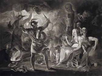 Macbeth, as três bruxas e Hécate no ato IV, cena I de «Macbeth», de William Shakespeare (1564-1616), publicado em 1805