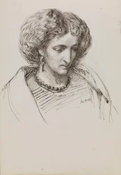 Esboço de retrato de cabeça e ombros de uma mulher com os olhos baixos