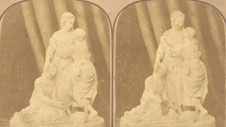Par de imagens estereografadas antigas de estátuas britânicas, décadas de 1850 a 1910