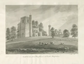 Igreja e Castelo de Arley: desenho sépia