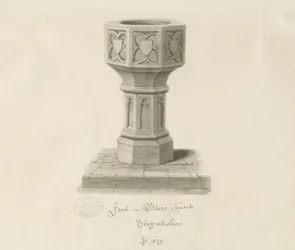 Fonte na igreja de Blore: desenho em sépia, 1839