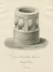 Fonte na Igreja Cheddleton: desenho sépia, 1844