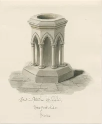 Fonte em Walton-on-the-Hill Church: desenho de lavagem sépia