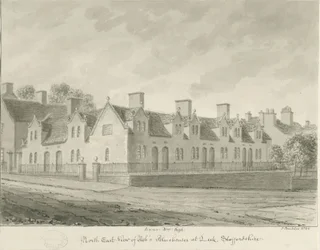 Leek Town - "Ash" s Almshouses ": desenho sépia, 1844