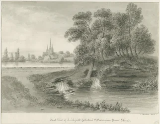 Catedral de Lichfield - Vista leste: desenho em sépia, 1844