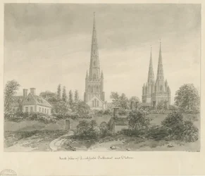 Catedral de Lichfield - vista norte: desenho em sépia, 1838