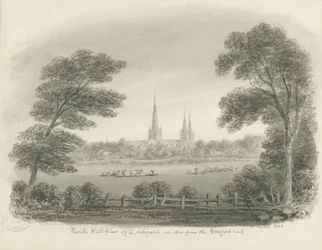 Catedral de Lichfield - Vista Noroeste (distante): desenho sépia