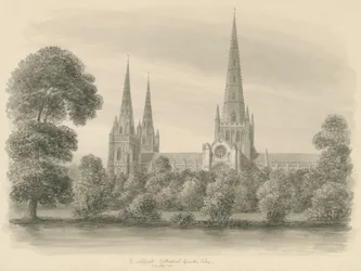 Catedral de Lichfield - vista sul: desenho em sépia