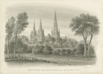 Catedral de Lichfield - Vista Sudoeste: desenho sépia