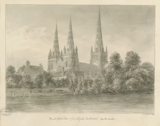 Catedral de Lichfield - Vista sudoeste: desenho em sépia