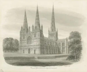 Catedral de Lichfield - Vista sudoeste: desenho em sépia