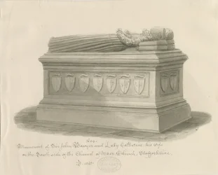 Igreja Maer - Monumento a Sir John Bowyer e Lady Catherine: desenho em sépia, 1843