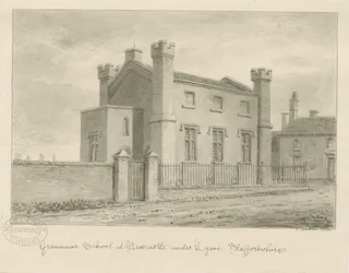 Newcastle-under-Lyme - escola secundária: desenho em sépia, 1840