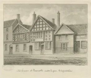 Newcastle-under-Lyme - Casas Antigas: desenho em sépia, 1840