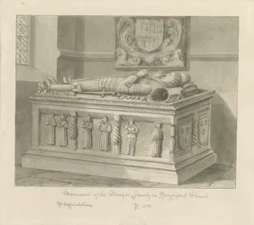 Seighford Church - Túmulo de William e Mercy Bowyer: desenho em sépia, 1842