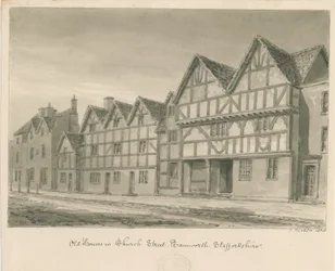 Tamworth - Old Houses in Church Street: desenho em sépia, 1838