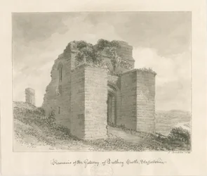Castelo de Tutbury - Restos do Portal: desenho lavado em sépia