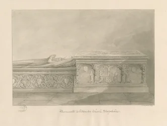 Igreja Uttoxeter - Tumbas de Thomas Kinnersley e de uma mulher: desenho em sépia