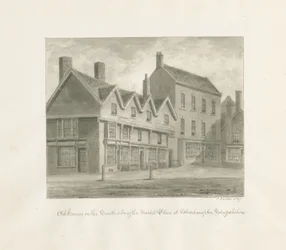 Wolverhampton - Casas antigas no lado sul do Market Place: desenho em sépia, 1847