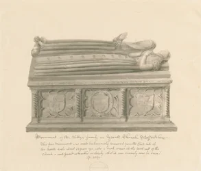 Igreja Yoxall - Monumento da família Welly: desenho em sépia