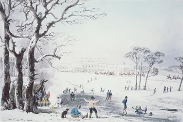 Vista da casa de Buckingham e do St James Park no inverno, bar. por R. Havell und Sons, 1810