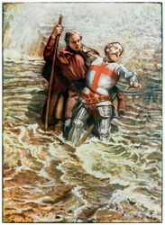 Esperançoso ajuda Christian a atravessar o rio dos peregrinos Progresso deste mundo, ao que está por vir John Bunyan (1628-1688) Ilustração de Byam Shaw (1872-1919), os peregrinos atravessam
