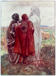 Muita esposa dos peregrinos progride deste mundo, ao que está por vir John Bunyan (1628-1688) Ilustração de Byam Shaw (1872-1919), Christian e Hopeful encontram uma estátua de sal ao lado