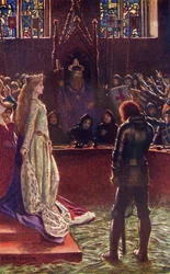 A dama de Sir Lanval apela aos juízes, ilustração de «Romance and Legend of Chivalry» de A. R. Hope Moncrieff