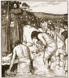 O Batismo em Tara, ilustração de "A Igreja da Inglaterra: Uma História para o Povo" por HDM Spence-Jones, pub. c.1910 (foto sépia)