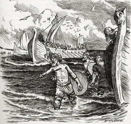O desembarque dos jutos na ilha de Thanet, Kent, Inglaterra, 449 dC, do livro "A Igreja da Inglaterra: uma história para o povo", publicado em 1910