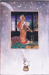 Não há brisa para refrescar o calor do amor, ilustração de The Garden of Kama (e outras letras da Índia), 1920