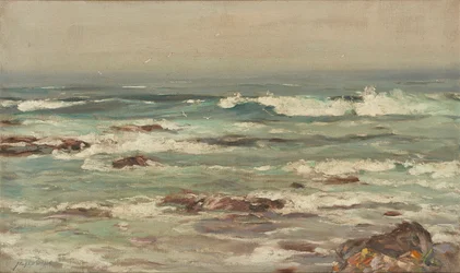 Ondas quebrando em um litoral deserto (óleo sobre tela)