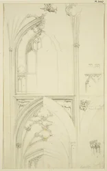 Detalhes da Janela Clerestory Tracery and Vaulting of the Aisle abaixo, em St Mary Redcliffe (lápis & aquarela sobre papel)