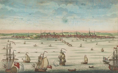 Vista sudeste da grande cidade de Boston na Nova Inglaterra na América, 1730-60