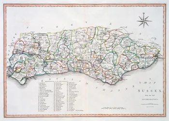 Mapa de Sussex, 26 de março de 1805 (gravura colorida à mão)