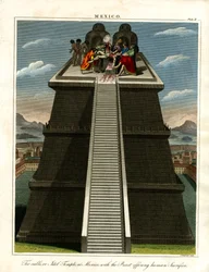 Teocalli ou Templo do Ídolo no México com o Sacerdote a oferecer um Sacrifício humano