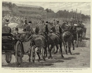 Dia da Copa em Ascot, a procissão real passando a New Mile