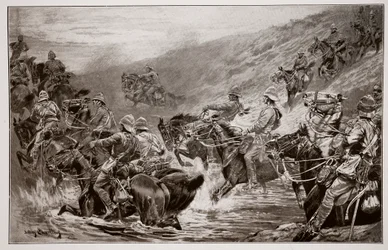 The Dash for Kimberley - O 10º Hussars Crossing Klip Drift, depois de um esboço de GD Giles (fl.1890)