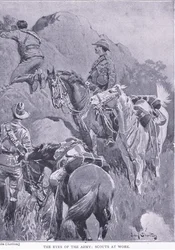 Os olhos do exército, batedores no trabalho, de After Pretoria: The War Guerilla publicado pela Harmsworth Bros Limited, 1901