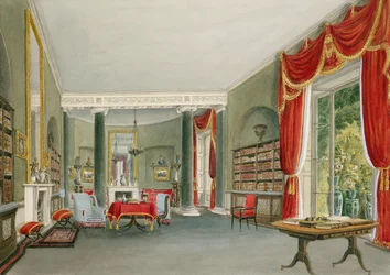 Biblioteca e sala de desenho em Bromley Hill, Kent (sede da direita Honorável Charles Long)