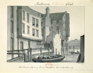 Old Houses adjacentes ao St. Saviour&39;s Dock, Southwark, 1827, de "Pennant&39;s London" (caneta e sépia no papel)