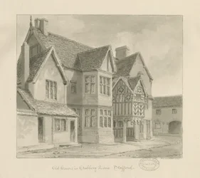 Stafford - Old Houses in Crabbery Lane: desenho sépia, 1841