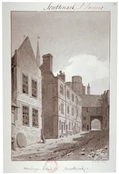 Vista olhando para o portão de Montague House, Southwark, Londres, 1827