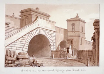Vista da extremidade sul da Southwark Bridge de Bankside, Southwark, Londres, 1828