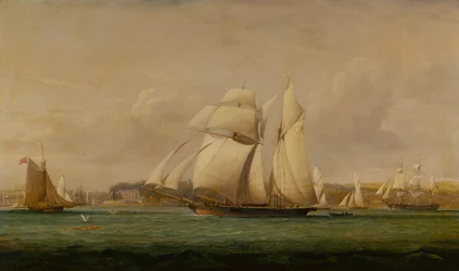 Uma Top Sail Schooner, dois Royal Yacht Squadron Cutters e um navio mercante americano (petróleo)