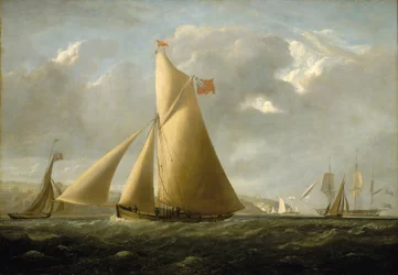 Iate à vela "Gazelle" ao largo de Cowes (Ilha de Wight, Inglaterra), construído em 1821, destinado a corridas de velocidade. Óleo sobre tela, cerca de 1825, de John Christian Schetky (1778-1874).