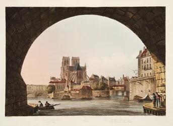 Ponte do hotel Dieu e a igreja de Notre Dame, ilustração de Versalhes, Paris e Saint Denis, bar. 1805 (aquatinta)