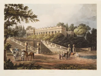 Castelo de Trianon, ilustração de Versalhes, Paris e Saint Denis, pub. 1805 (aquatinta)