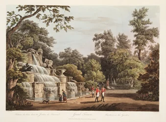 Grand Trianon, fonte no jardim, ilustração de Versalhes, Paris e Saint Denis, pub. 1805 (aquatinta)